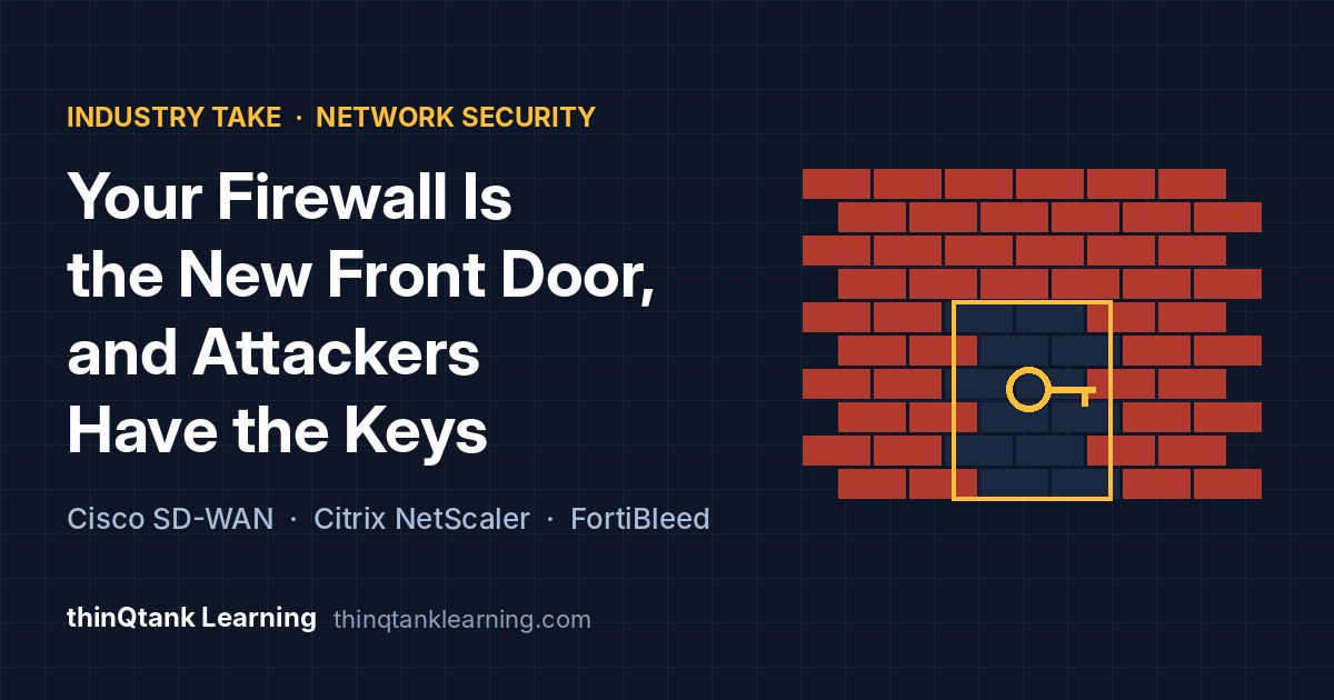 Your Firewall Is the New Front Door by thinQtank Learning: a brick firewall with an open door and a key, representing attacks on Cisco SD-WAN, Citrix NetScaler and Fortinet edge devices.