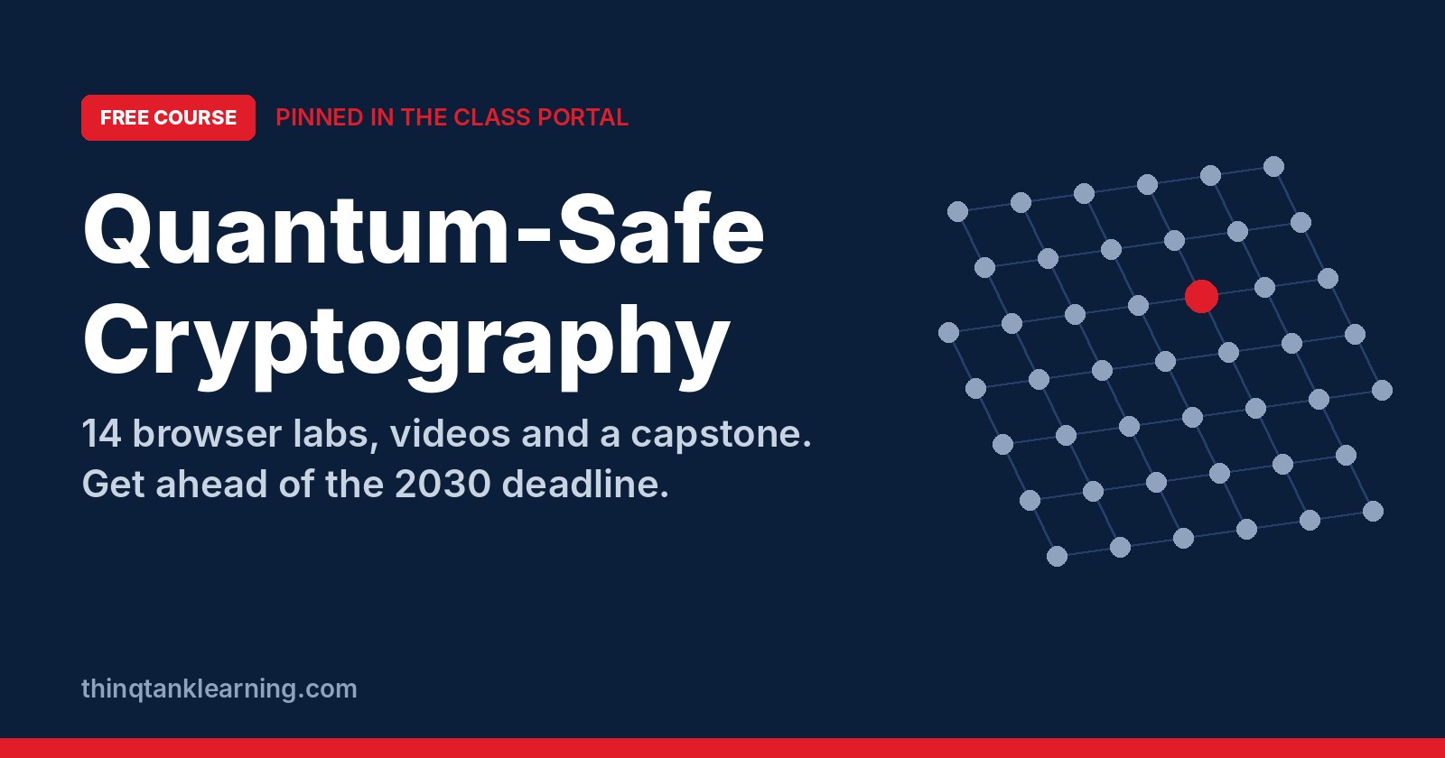 Navy graphic with the headline Quantum-Safe Cryptography, a red Free Course badge and a lattice diagram