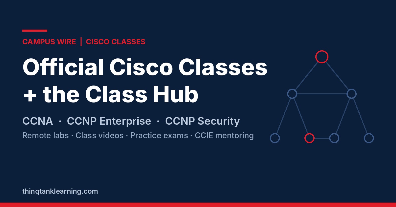 Navy graphic reading Official Cisco Classes plus the Class Hub, CCNA, CCNP Enterprise, CCNP Security
