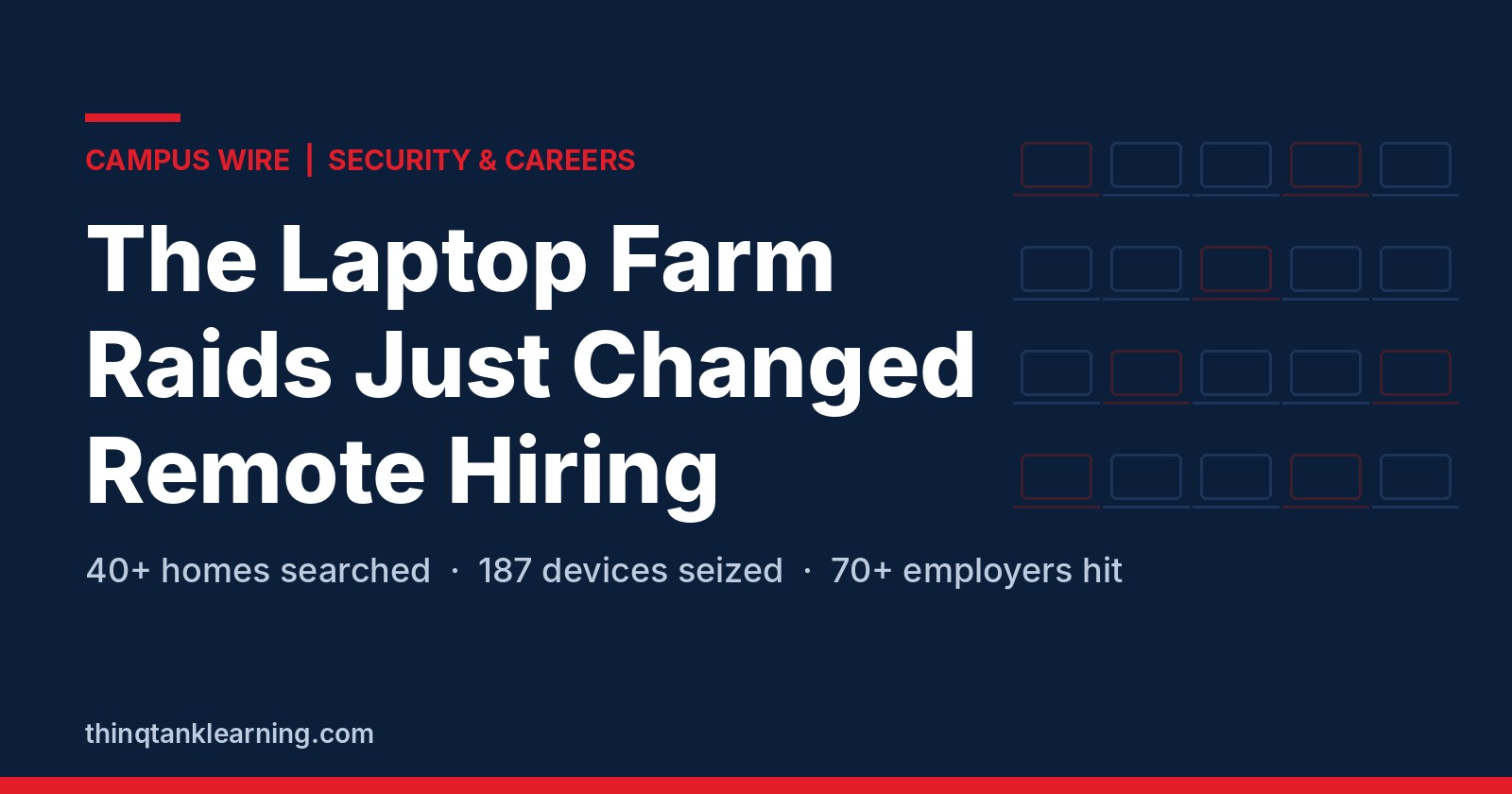 Navy graphic reading The Laptop Farm Raids Just Changed Remote Hiring, with rows of laptop outlines