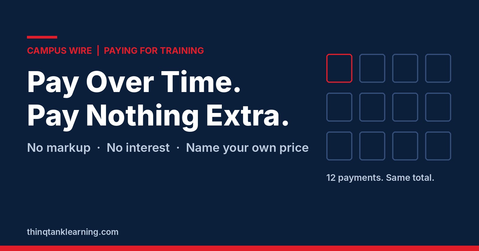 Navy graphic reading Pay Over Time, Pay Nothing Extra, with twelve payment blocks