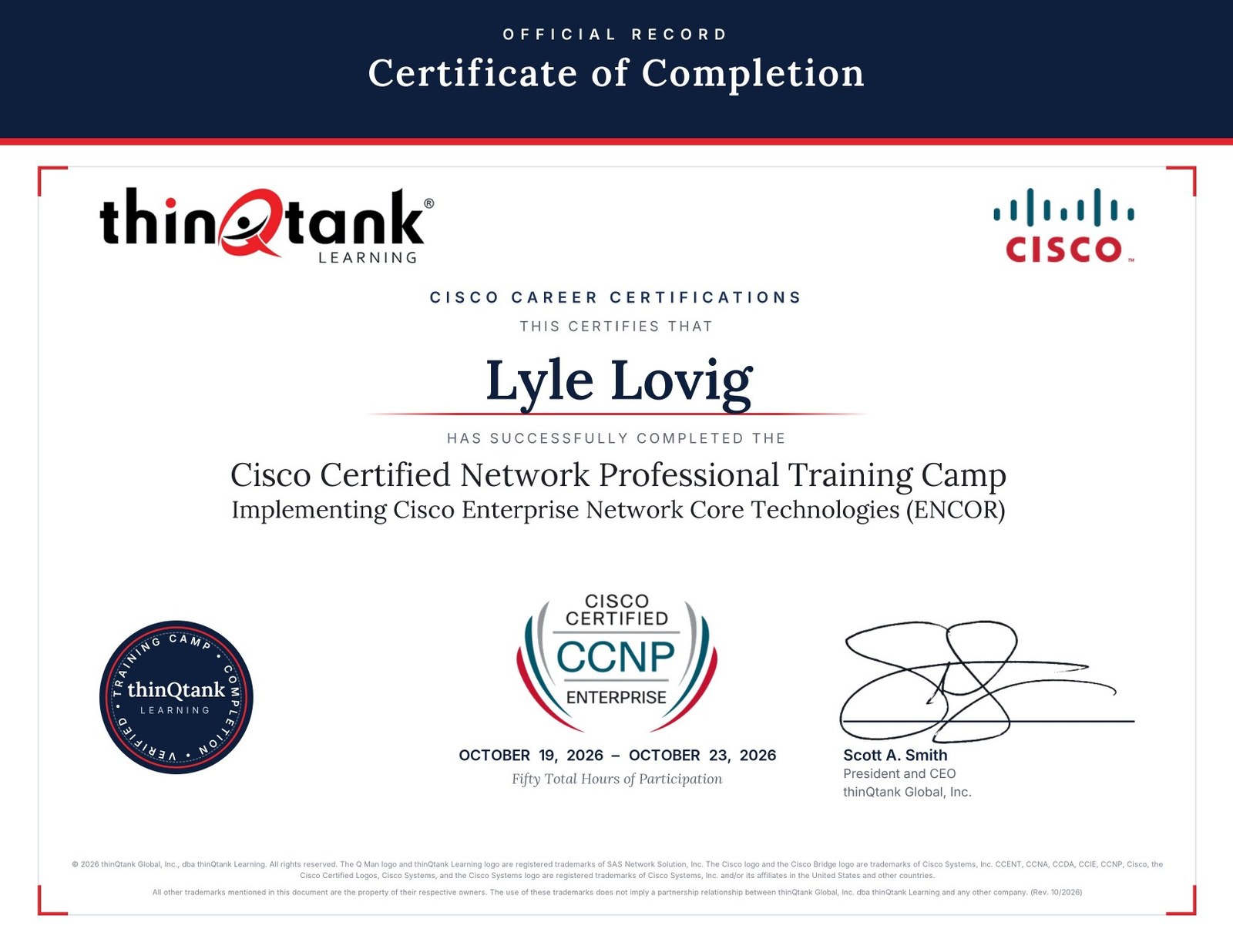 CCNP ENCOR training camp certificate of completion for Lyle Lovig