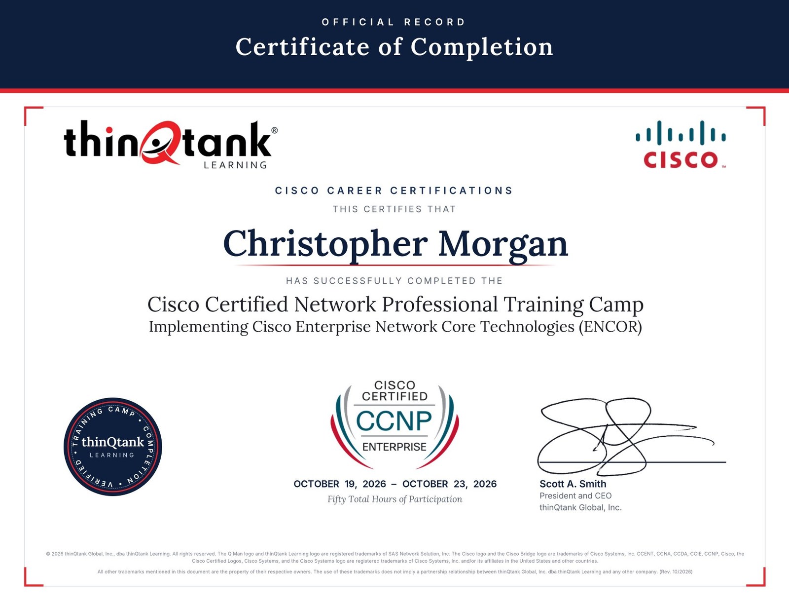 CCNP ENCOR training camp certificate of completion for Christopher Morgan