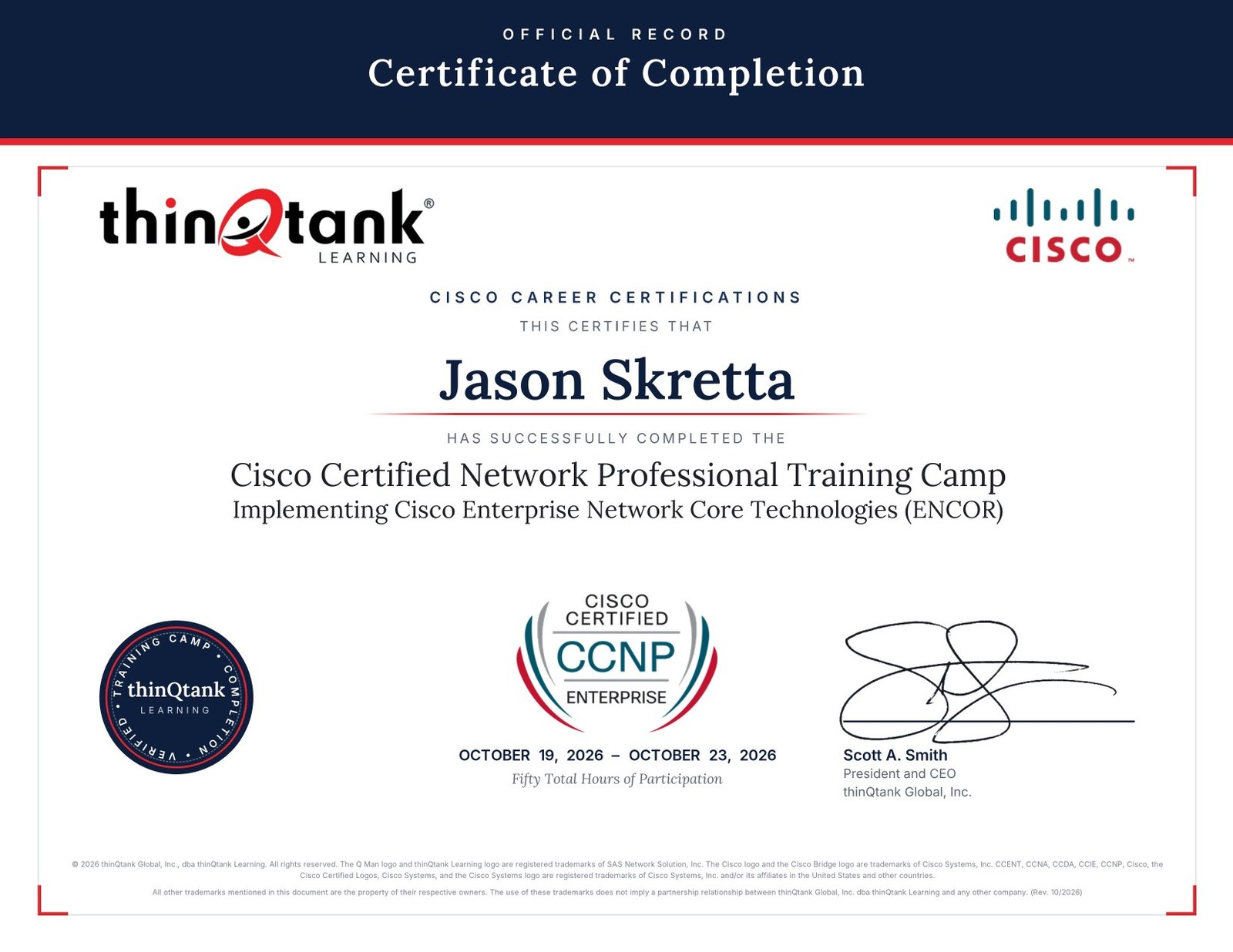 CCNP ENCOR training camp certificate of completion for Jason Skretta