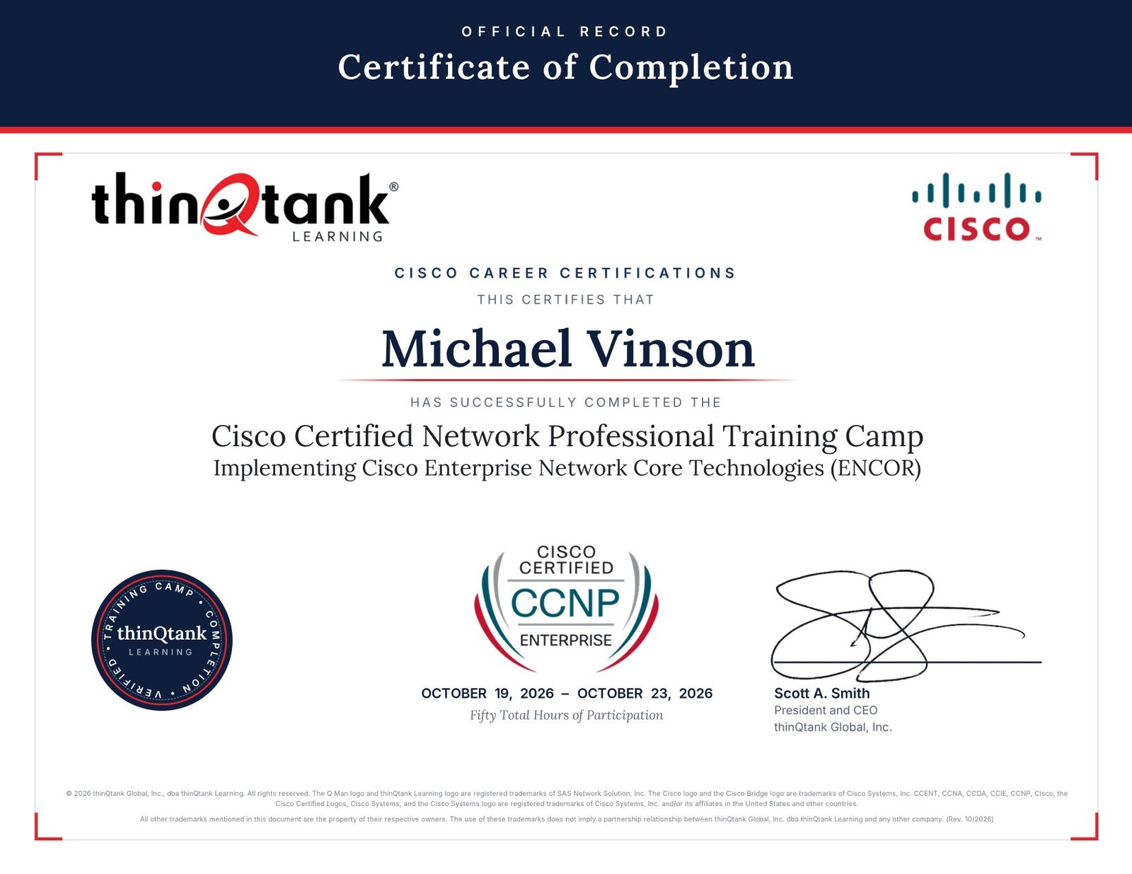 CCNP ENCOR training camp certificate of completion for Michael Vinson
